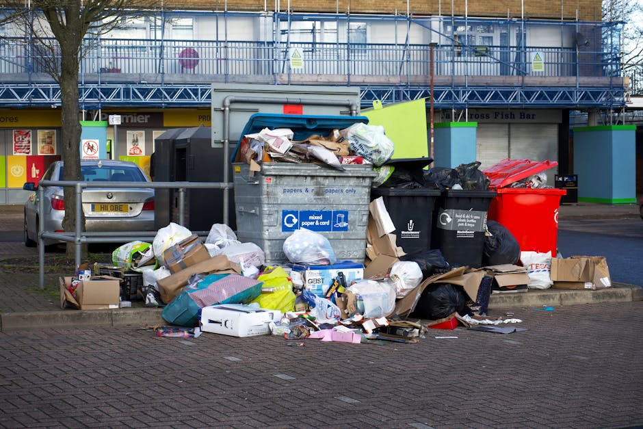 A row of large plastic wheelie bins lined up outdoors along a pavement area next to a brick wall. The bins are in various colours, including green, blue, and red, with the green bin positioned at the